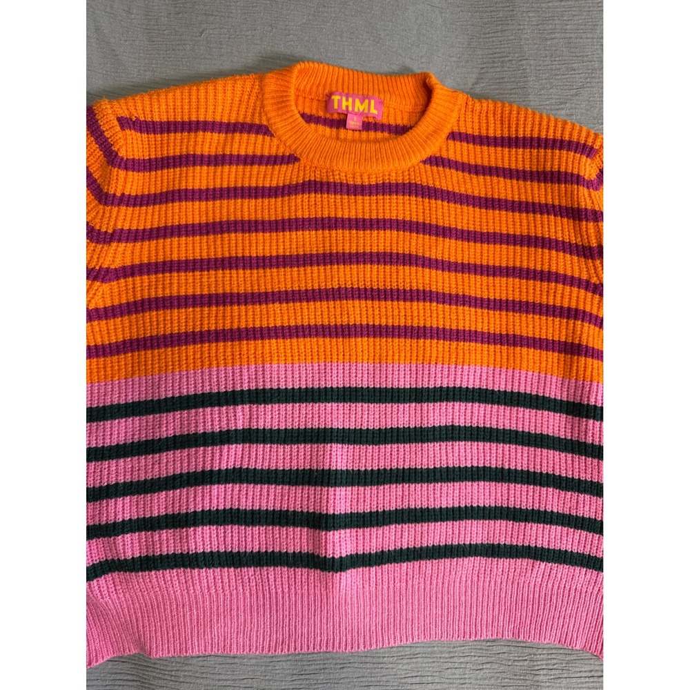THML Womens Striped Ribbed Knit Cropped Sweater Orange Pink Purple Small